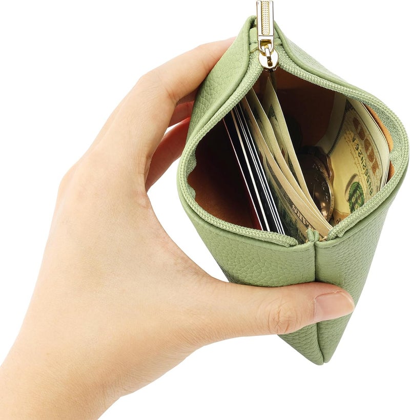 Chelmon PU Leather Coin Purse Pouch Change Holder Small With Zipper for Men Women 2 PCS Set (Black&Light Green) - Image 4